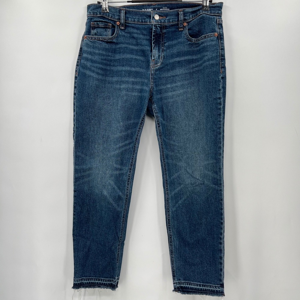 Old Navy 6 Boyfriend Jeans Womens Dark Wash Mid Rise Raw Hem Stretch Denim‎